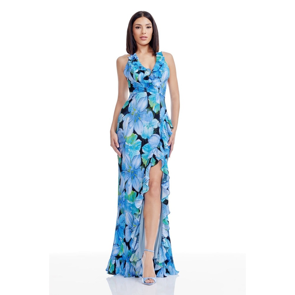 Dress the Population Womens Dress Small Cobalt Multi Kathleen Floral Halter Gown